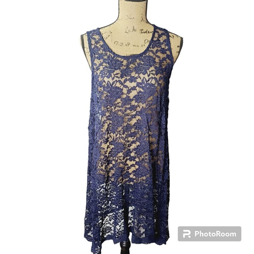 Navy Blue Sheer Lace Romantic Boho Massini Dress Large - Picture 1 of 9